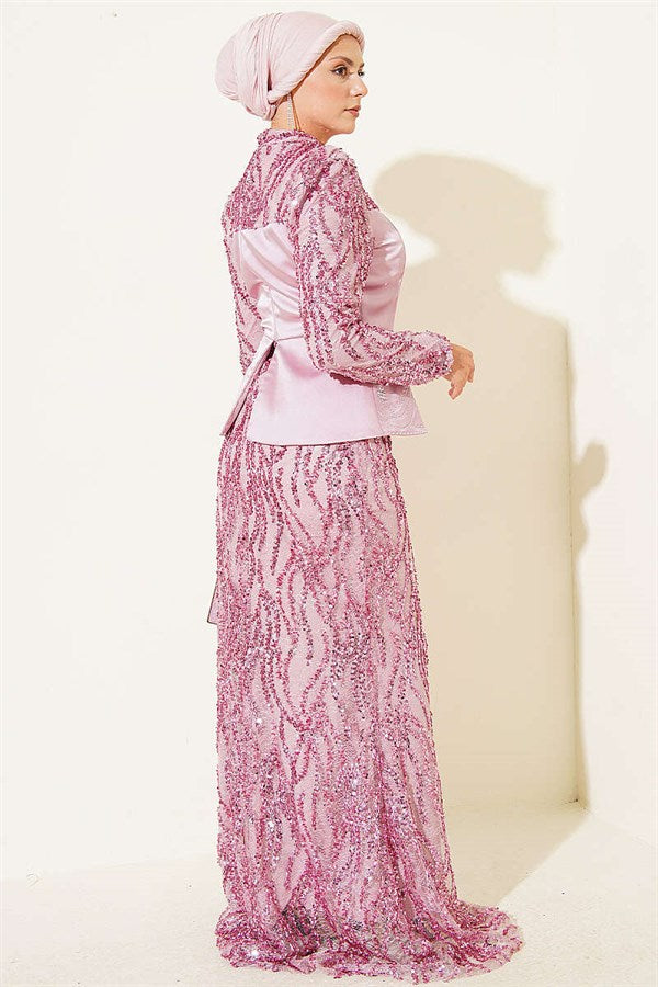 Sequined Satin Corset Detail Evening Dress Powder Pink
