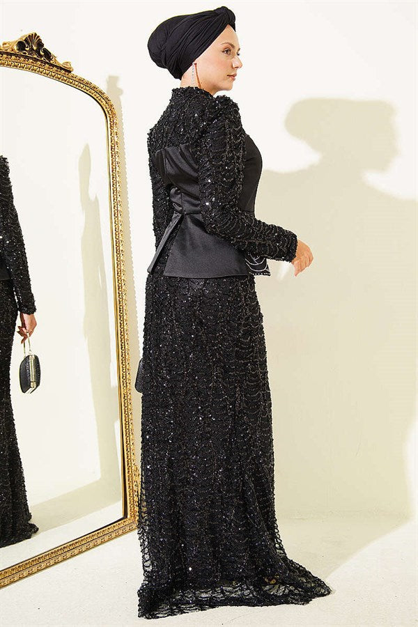 Sequined Satin Corset Detail Evening Dress, Black