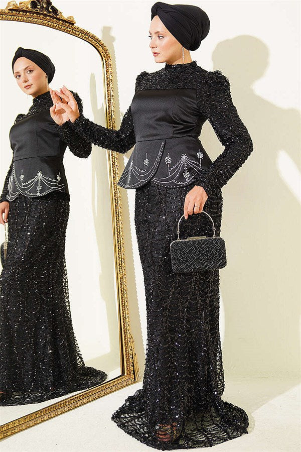 Sequined Satin Corset Detail Evening Dress, Black
