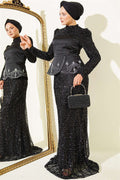 Sequined Satin Corset Detail Evening Dress, Black