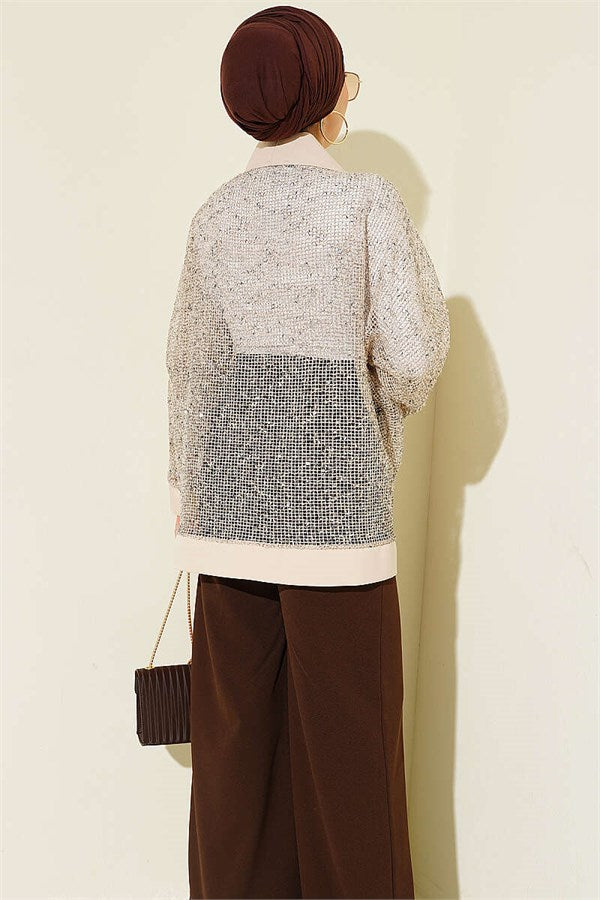 Sequined Mesh Cardigan, Beige