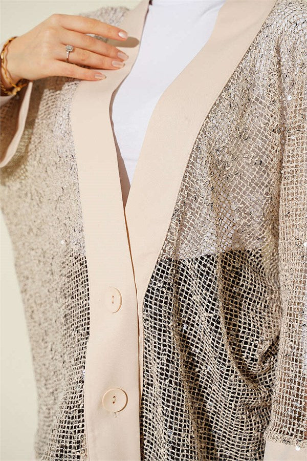 Sequined Mesh Cardigan, Beige