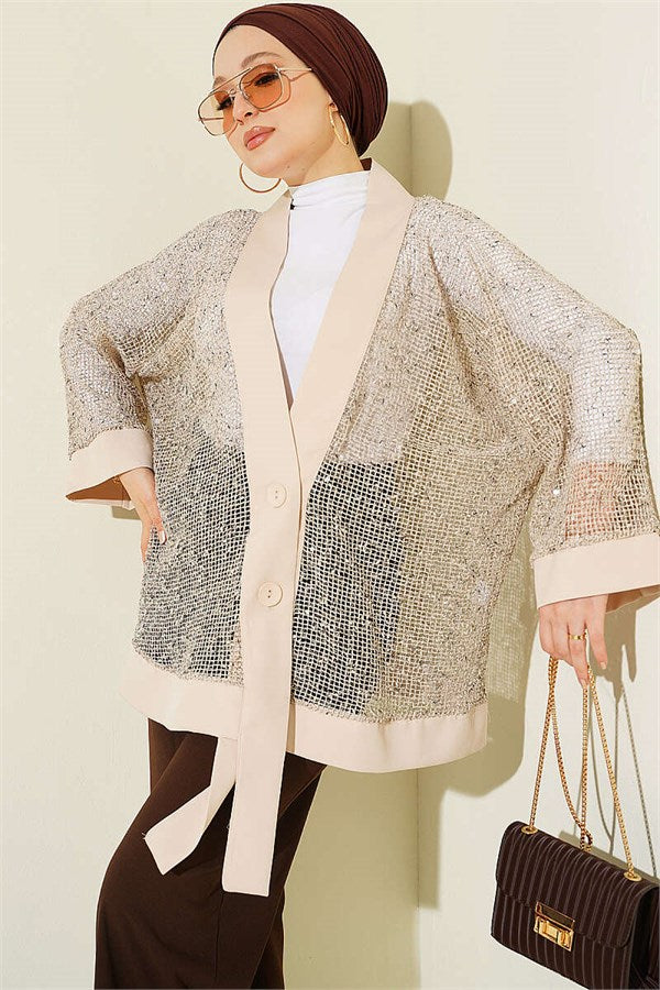 Sequined Mesh Cardigan, Beige