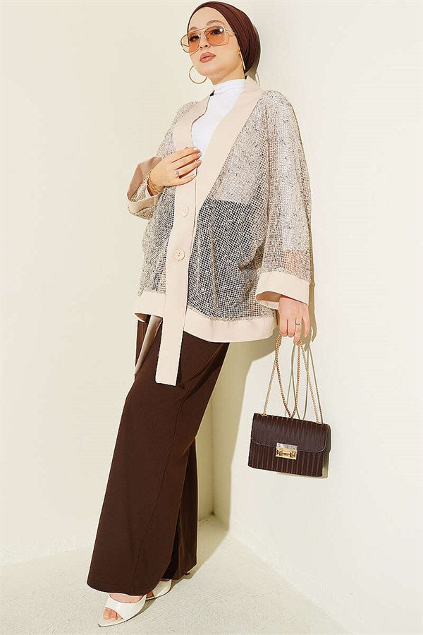 Sequined Mesh Cardigan, Beige
