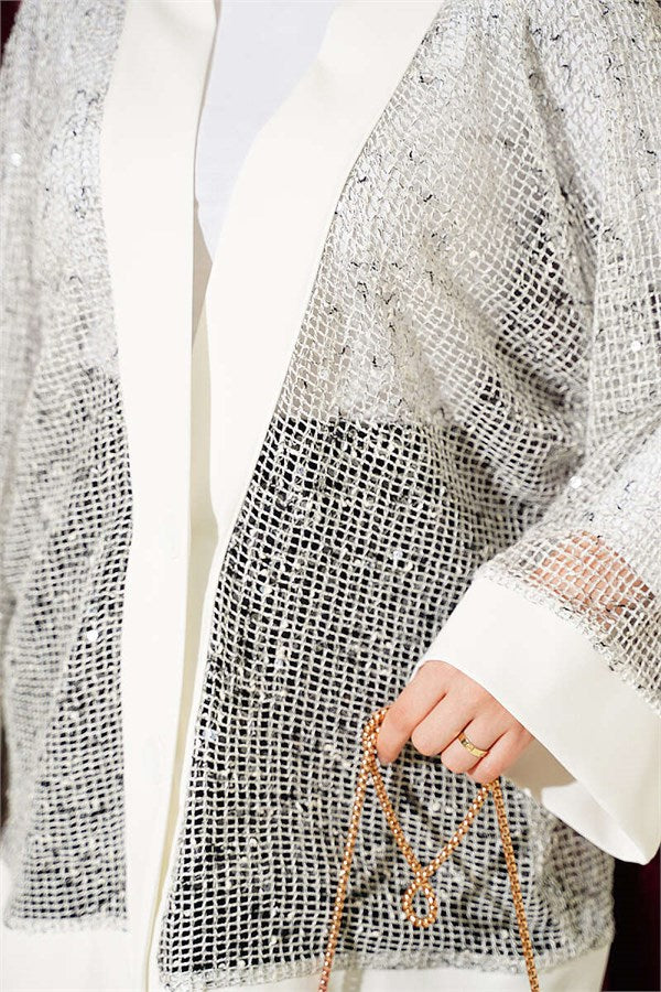 Sequined Mesh Cardigan, Ecru