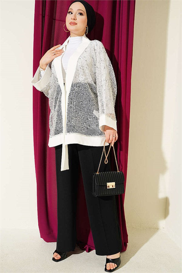 Sequined Mesh Cardigan, Ecru