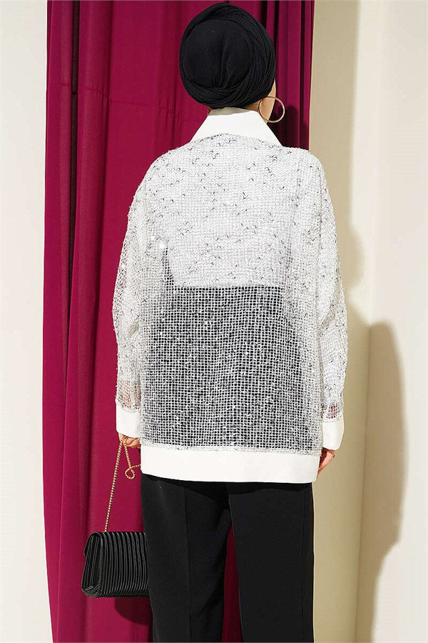 Sequined Mesh Cardigan, Ecru