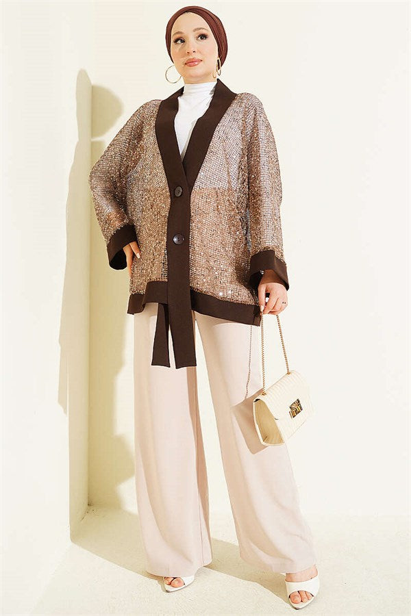 Sequined Mesh Cardigan, Coffee