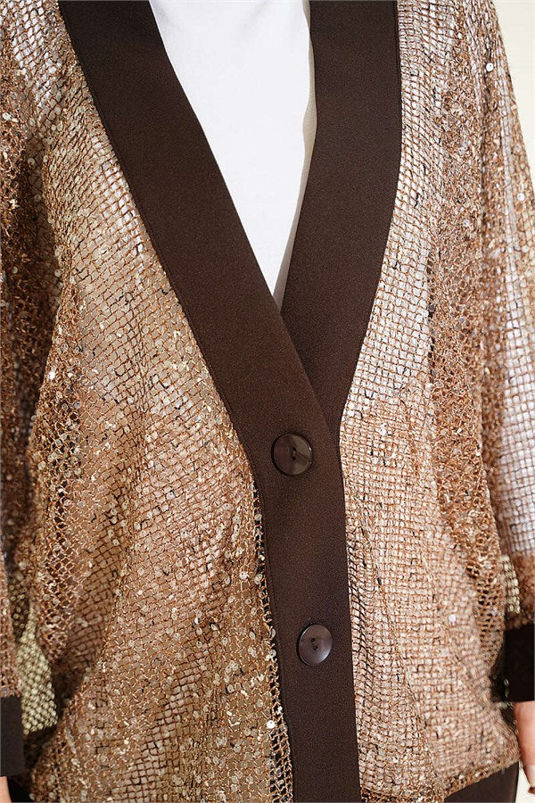 Sequined Mesh Cardigan, Coffee