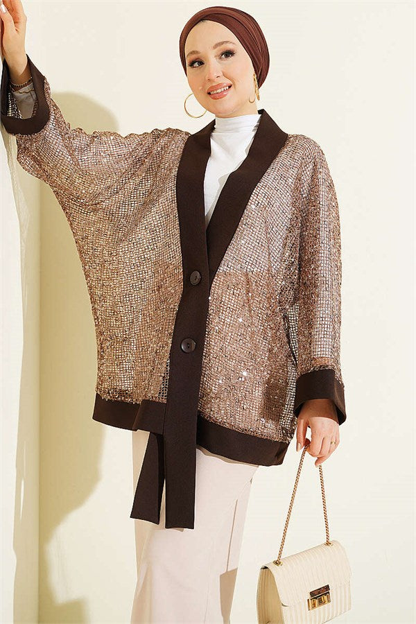 Sequined Mesh Cardigan, Coffee