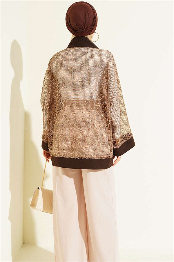 Sequined Mesh Cardigan, Coffee