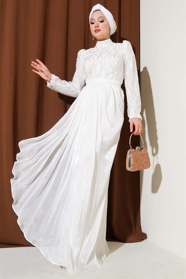 Sequined Stone Belted Evening Dress White