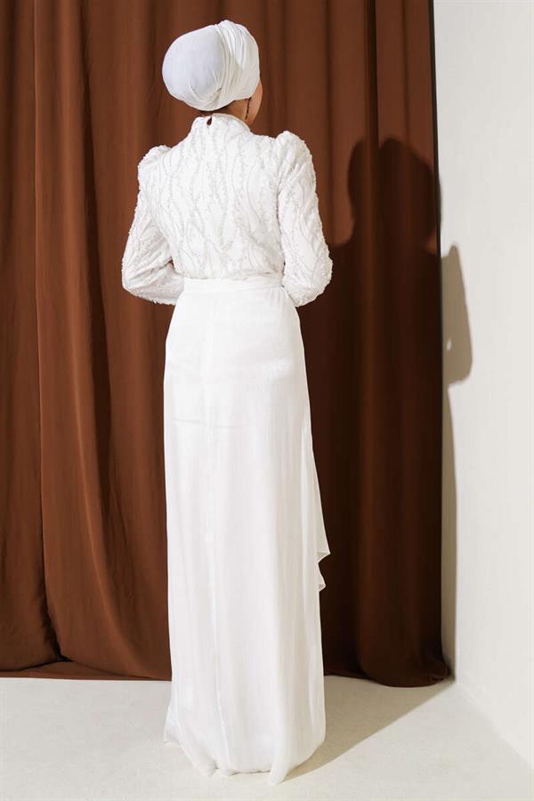 Sequined Stone Belted Evening Dress White