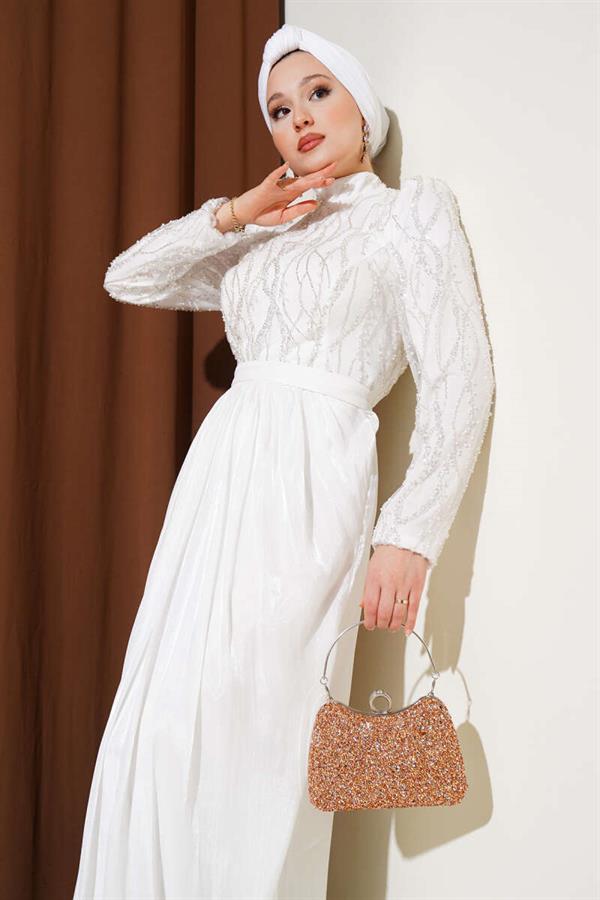 Sequined Stone Belted Evening Dress White