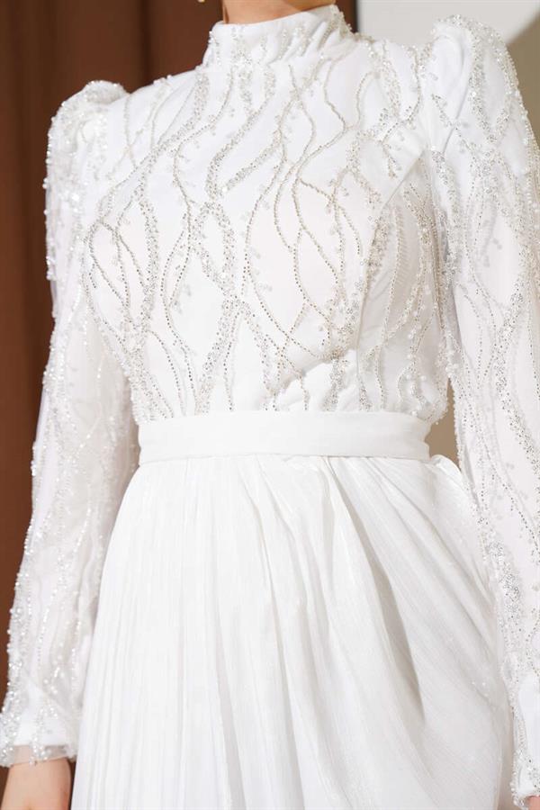 Sequined Stone Belted Evening Dress White