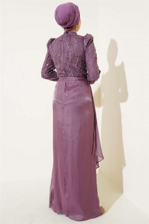 Sequined Stone Belted Evening Dress Magenta