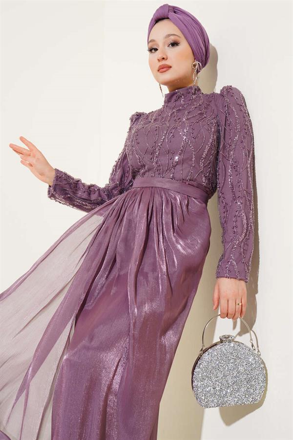 Sequined Stone Belted Evening Dress Magenta