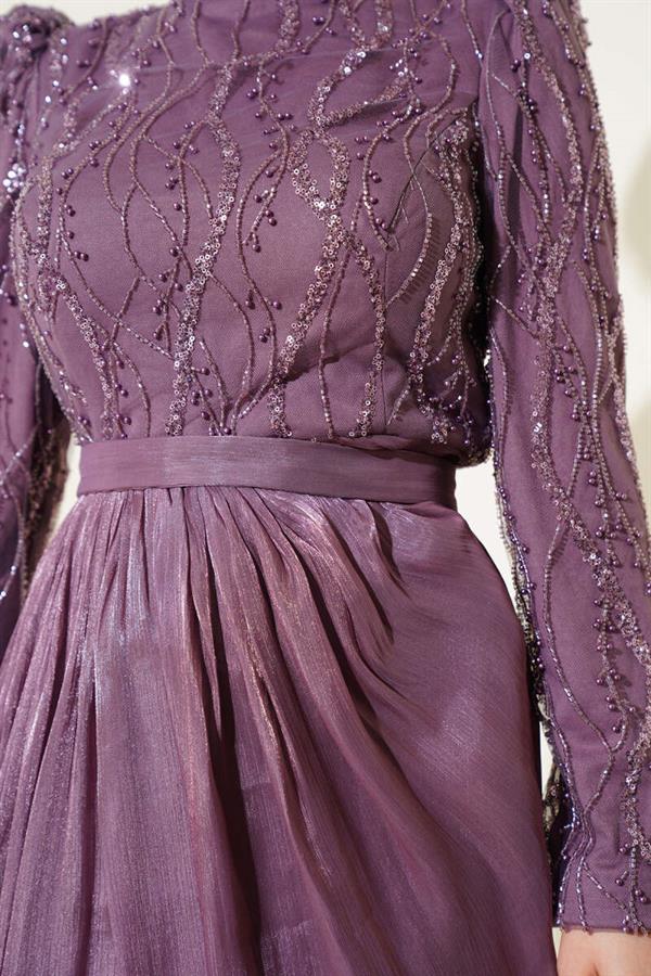 Sequined Stone Belted Evening Dress Magenta
