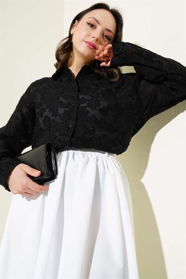 Tassel Flower Pattern Transparent Shirt Black