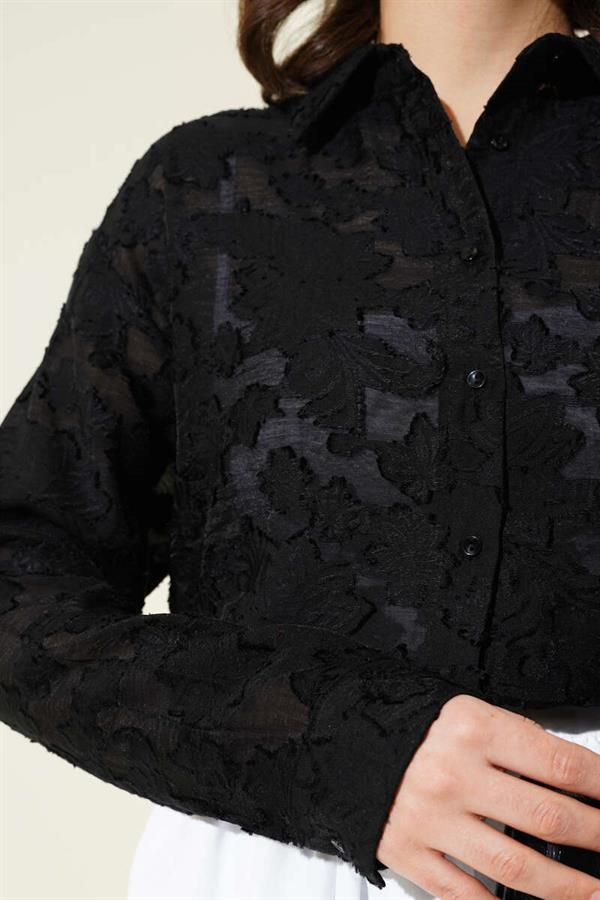 Tassel Flower Pattern Transparent Shirt Black