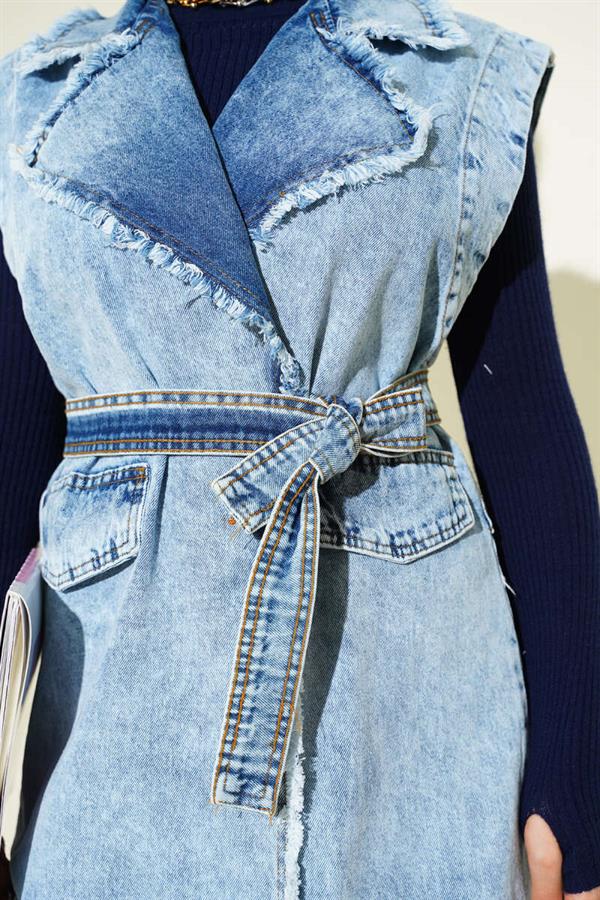 Tassel Detailed Pocket Flap Denim Vest Denim Blue