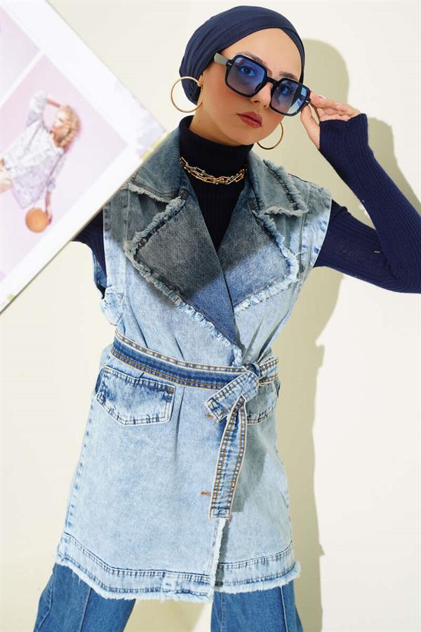 Tassel Detailed Pocket Flap Denim Vest Denim Blue