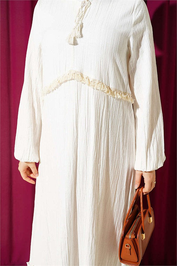 Flared Dress with Tassel Detail, Ecru