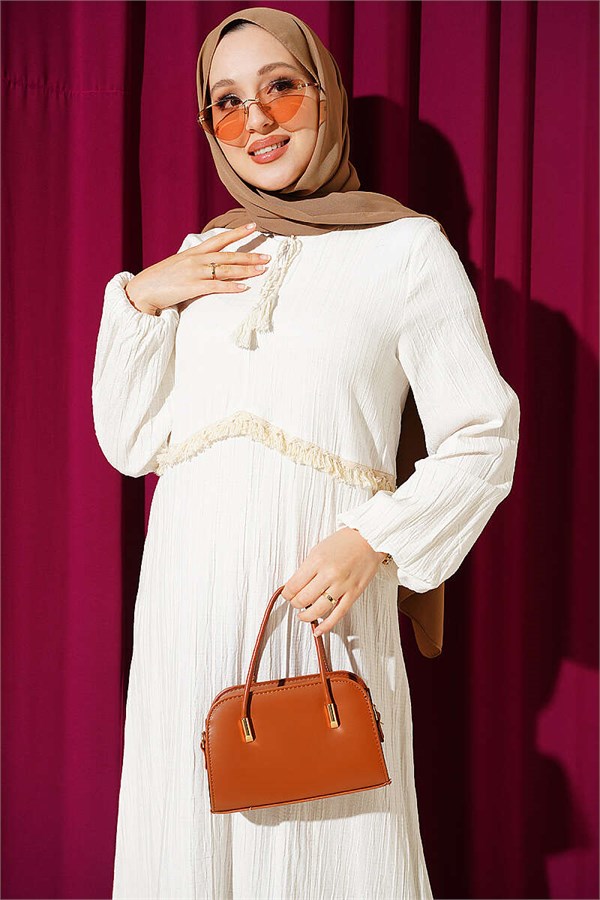 Flared Dress with Tassel Detail, Ecru
