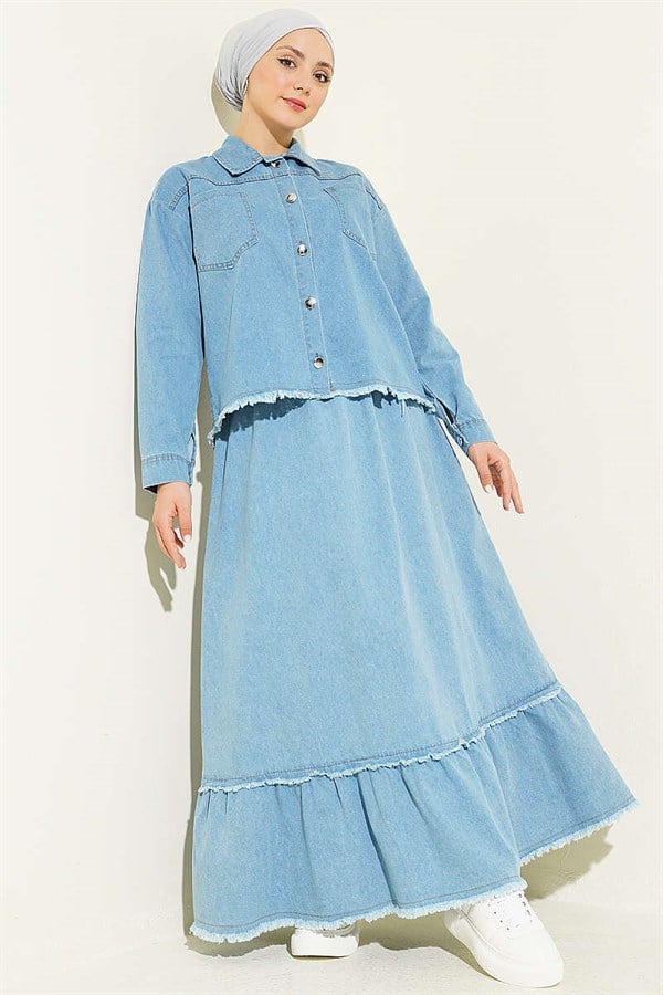 2 Piece Set with Tassel Detail Denim Skirt, Light Blue