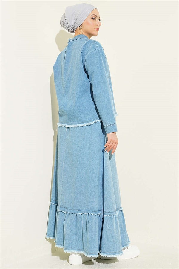 2 Piece Set with Tassel Detail Denim Skirt, Light Blue