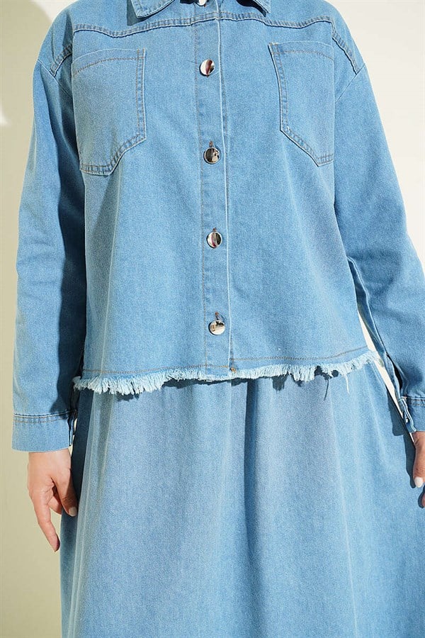 2 Piece Set with Tassel Detail Denim Skirt, Light Blue