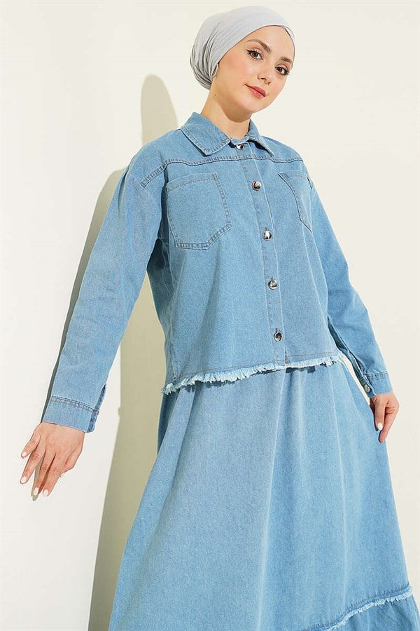 2 Piece Set with Tassel Detail Denim Skirt, Light Blue