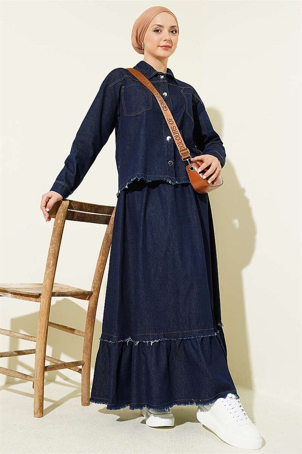 Navy Blue 2 Piece Set with Tassel Detail Denim Skirt