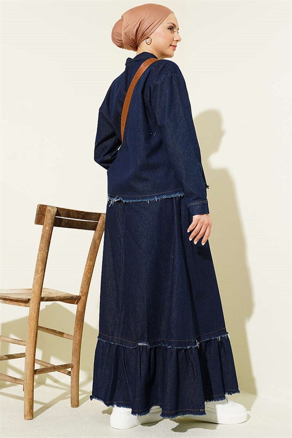 Navy Blue 2 Piece Set with Tassel Detail Denim Skirt
