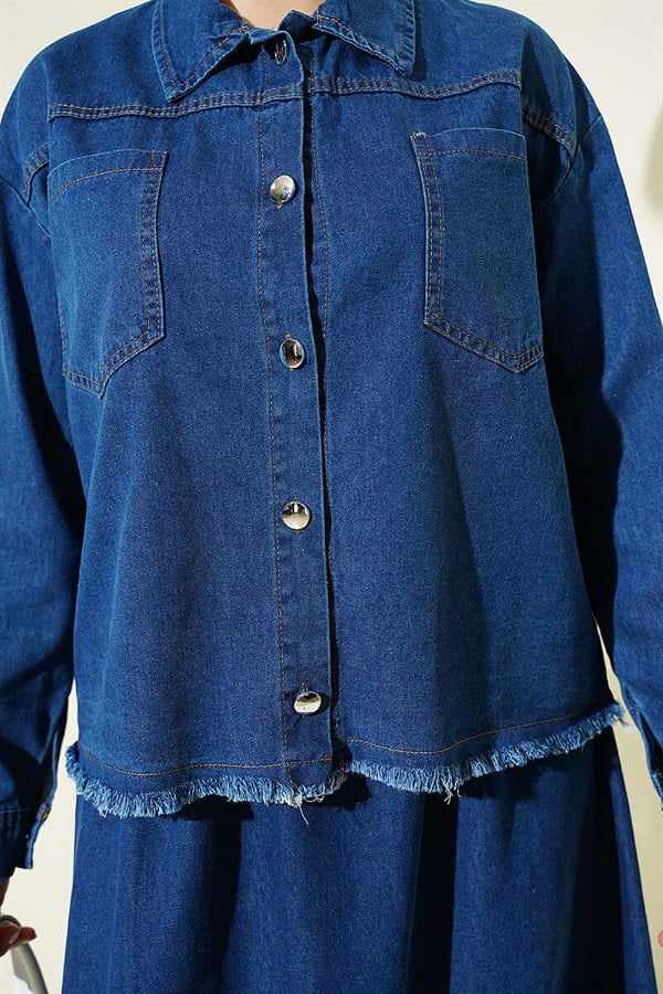 2 Piece Set with Tassel Detail Denim Skirt, Blue