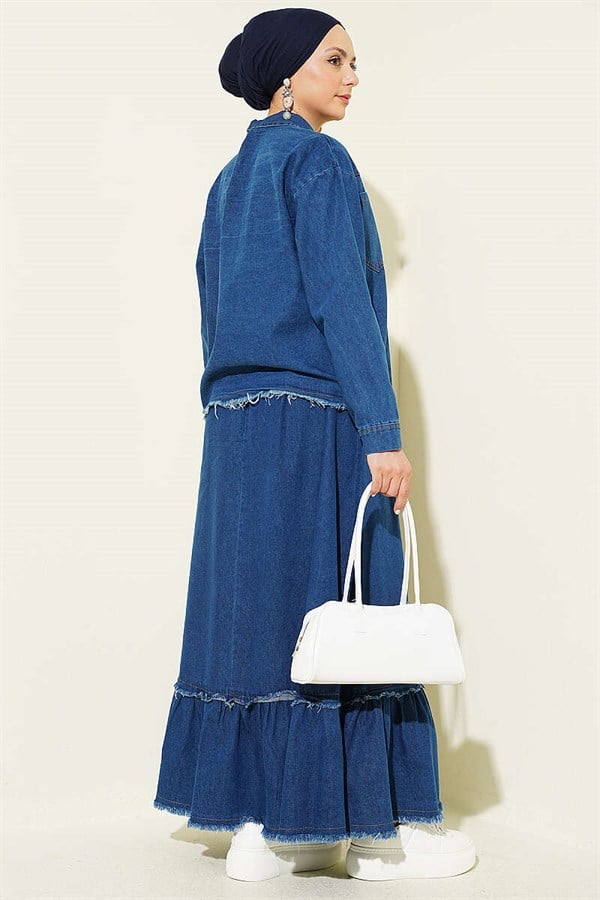 2 Piece Set with Tassel Detail Denim Skirt, Blue