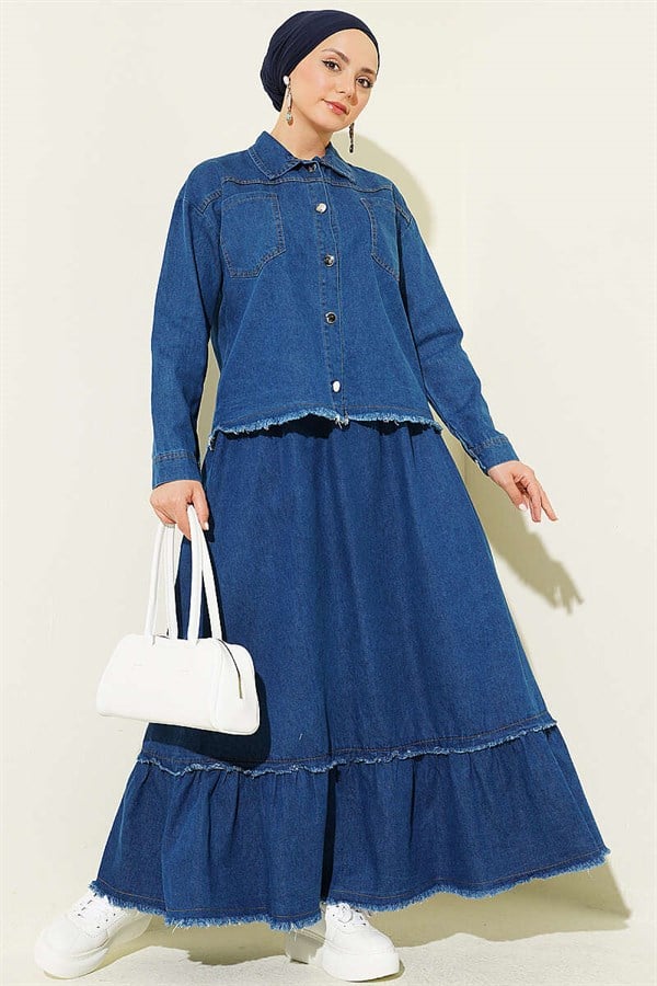 2 Piece Set with Tassel Detail Denim Skirt, Blue