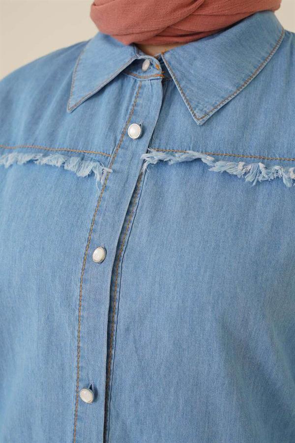 Denim Blue Long Hijab Tunic with Tassel Detail