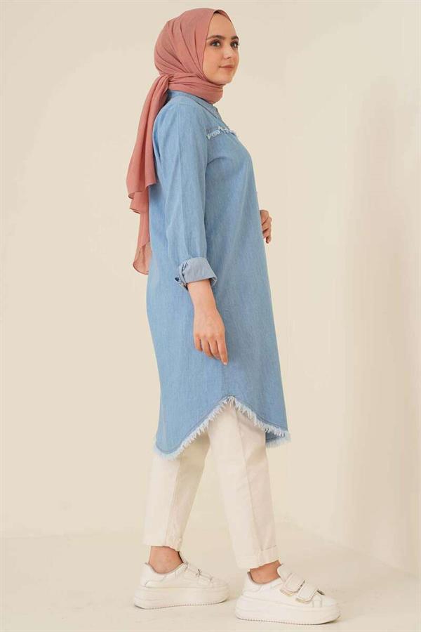 Denim Blue Long Hijab Tunic with Tassel Detail