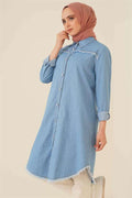 Denim Blue Long Hijab Tunic with Tassel Detail