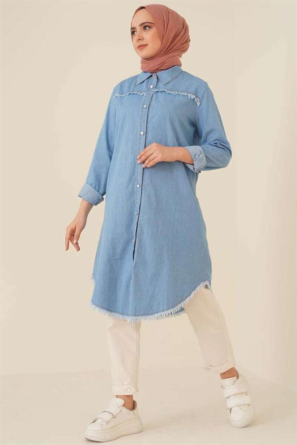 Denim Blue Long Hijab Tunic with Tassel Detail