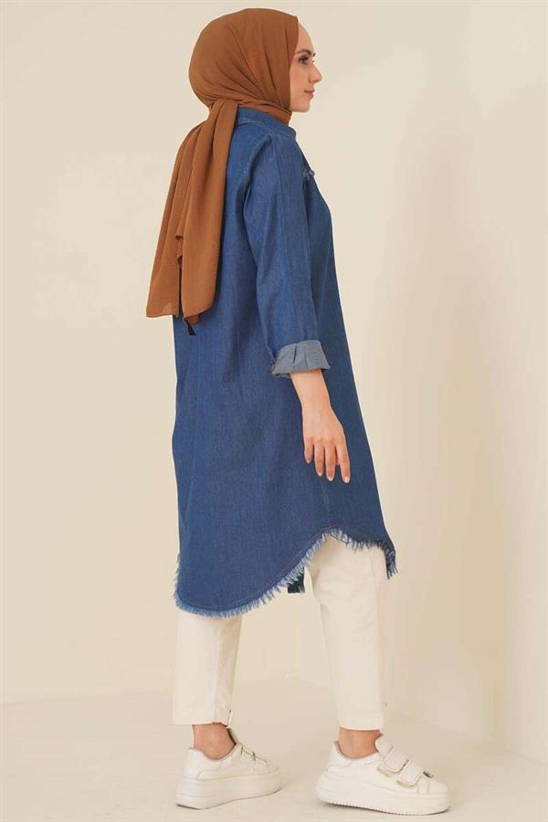 Tassel Detailed Denim Long Hijab Tunic