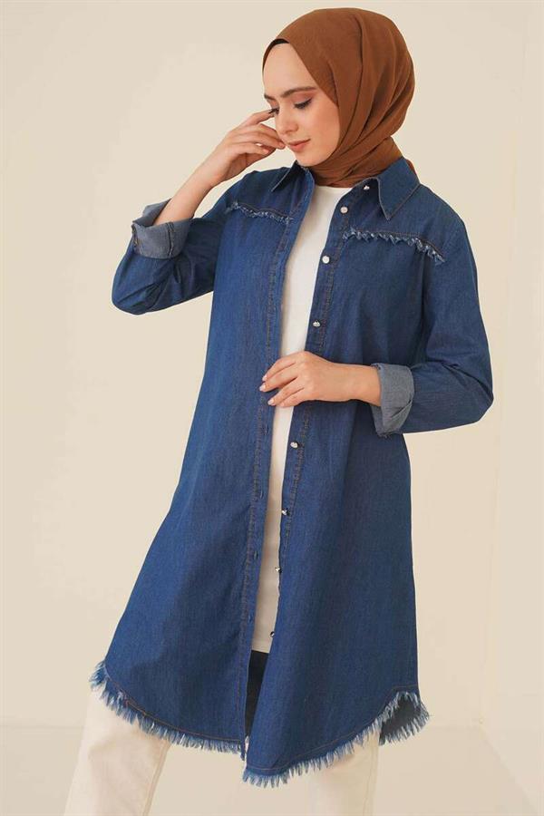 Tassel Detailed Denim Long Hijab Tunic