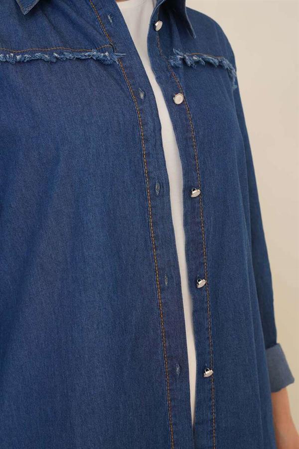 Tassel Detailed Denim Long Hijab Tunic