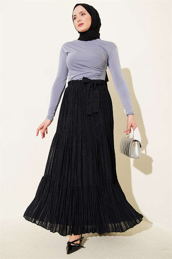 Black Pleated Skirt with Tassel Detail