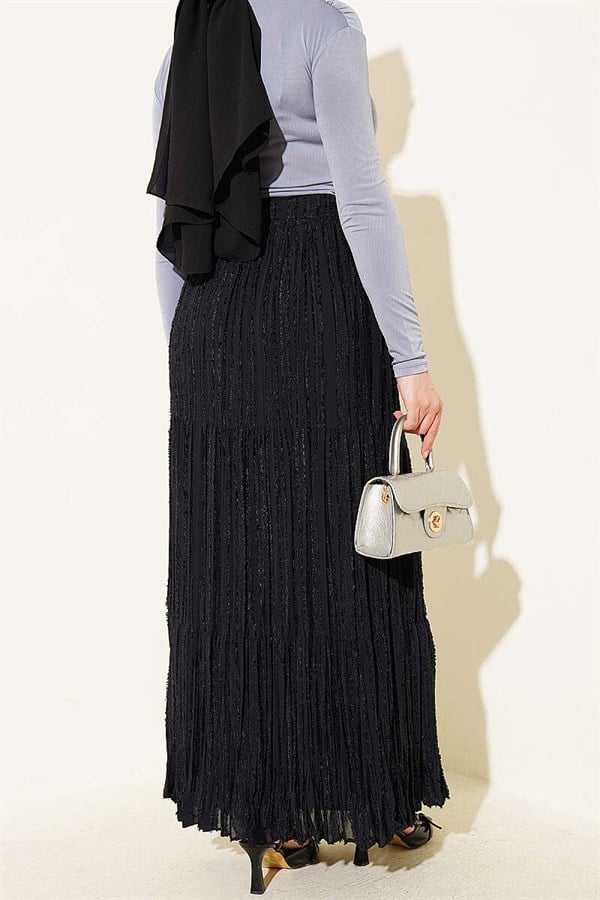 Black Pleated Skirt with Tassel Detail