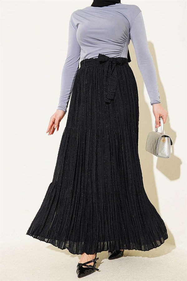 Black Pleated Skirt with Tassel Detail