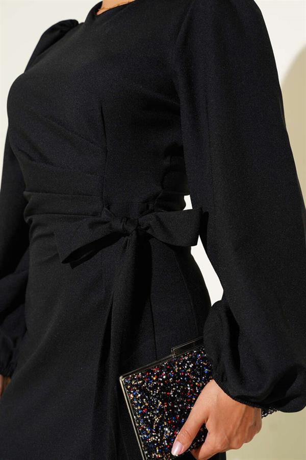 Tassel Stone Side Tie Evening Dress Black