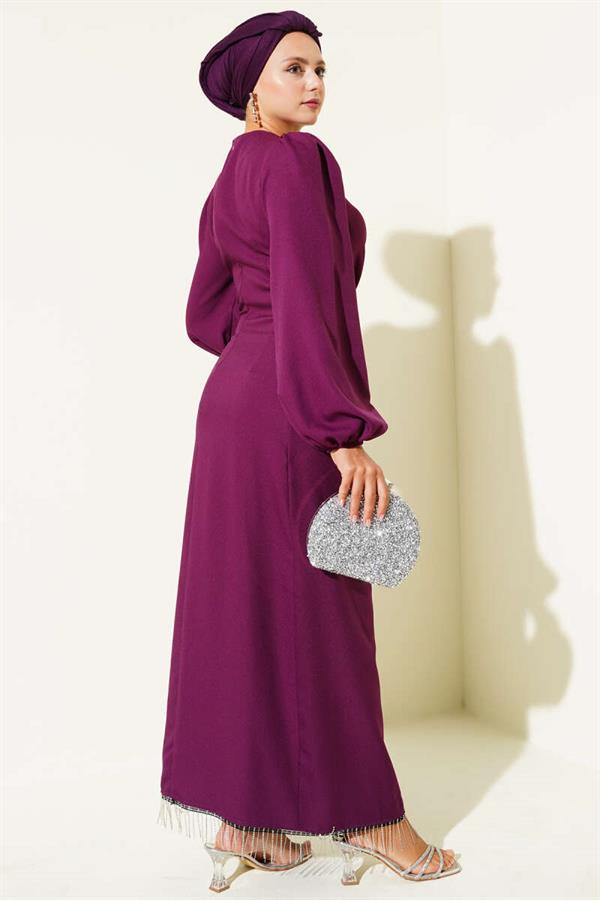 Tassel Stone Side Tie Evening Dress Purple