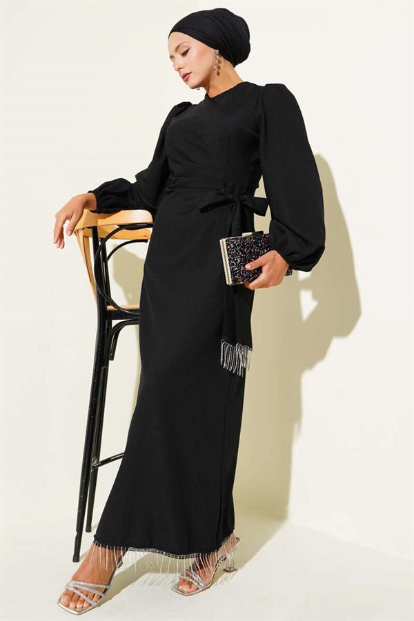 Tassel Stone Side Tie Evening Dress Black